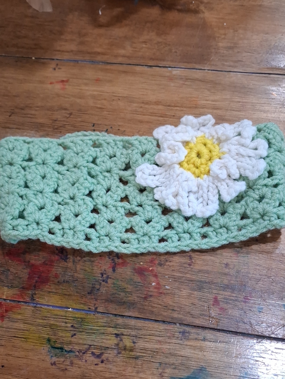 Handmade Mint Green Crochet Headband with White & Yellow Flower